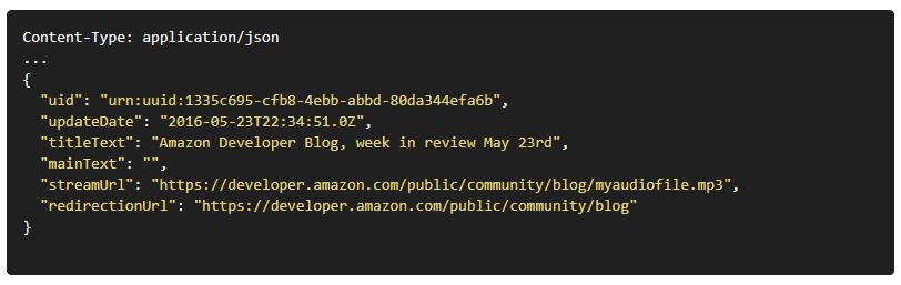 .JSON code example for pointing to your Alexa Flash Briefing Skill