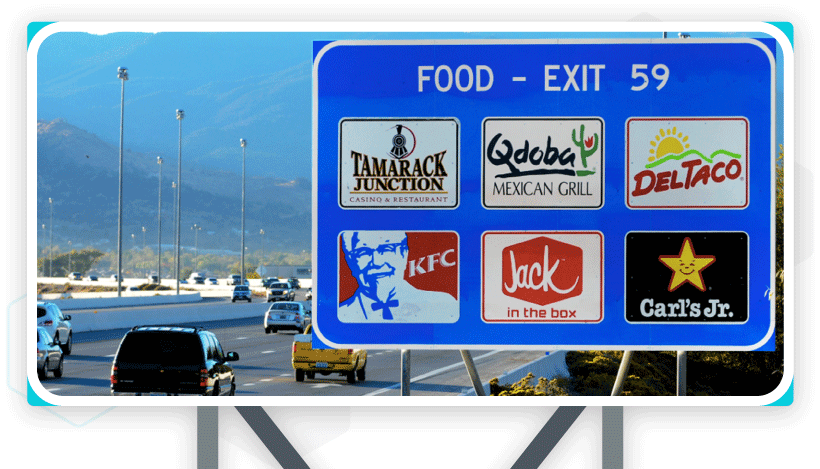 Food, gas, lodging or services on Interstate logo signs